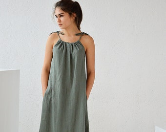 Long linen dress, Soft linen dress with regulating straps, Dress with pocket