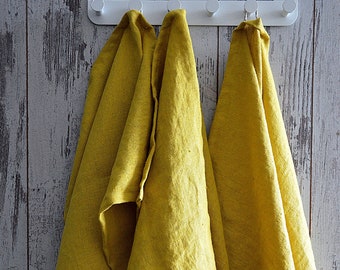 Bath thick Linen towel / Softened linen towel / Mustard bath towel / Guest bath linen towel / Heavy weight linen