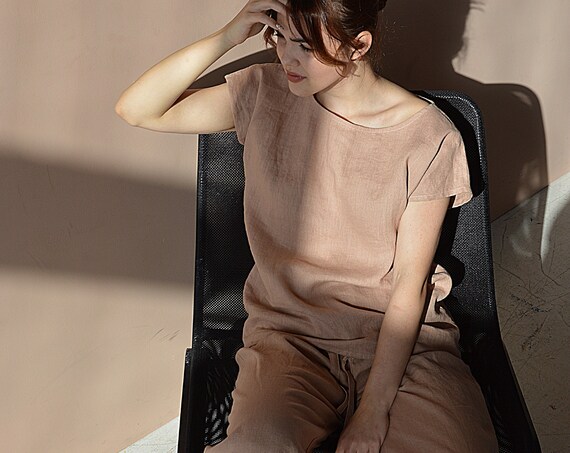 Linen casual top, Short sleeve top for woman, loose top, Peach linen t-shirt