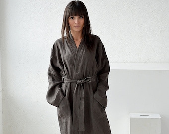 Weathered wood linen morning robe - Long robe with pockets - Long linen bathrobe - Linen loungewear