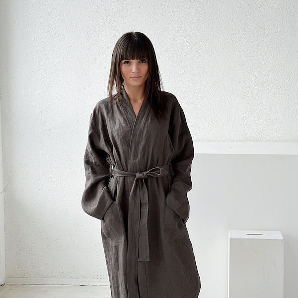 Weathered wood linen morning robe - Long robe with pockets - Long linen bathrobe - Linen loungewear