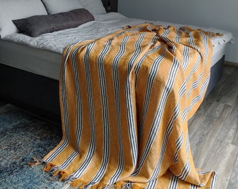 Striped linen throw blanket, 280 GSM mustard linen throw, Softened thick linen coverlet, Summer blanket