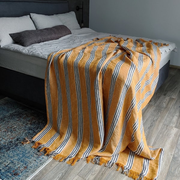 Striped linen throw blanket, 280 GSM mustard linen throw, Softened thick linen coverlet, Summer blanket
