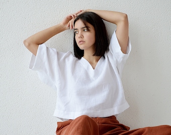 Kimono linen top / V-neck top / Oversize linen blouse / Pure white linen blouse /  Casual linen top