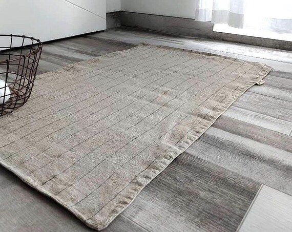 Striped linen rug, Rustic double-layered feet mat, Rough thick linen bath mat