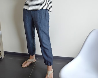 Pantalon en lin - Culotte avec poches - Pantalon en lin bleu nuit - Pantalon en lin pour femme