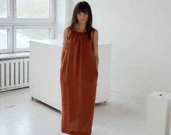 Linen dress with pockets / Terracotta long linen dress / Handmade dress / Soft linen dress with regulating straps