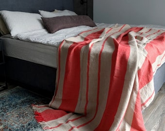 Striped linen throw blanket, 280 GSM linen throw, Softened thick linen coverlet, Summer blanket