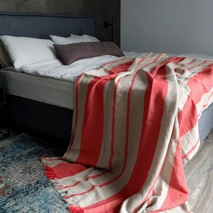 Striped linen throw blanket, 280 GSM linen throw, Softened thick linen coverlet, Summer blanket