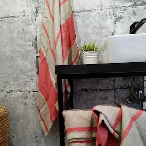 Linen bath sheet, Stonewashed linen bath towels, Thick striped linen towel