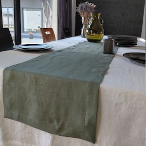 Linen table runner - Moss green linen table runner - Linen table runner with mitered corners