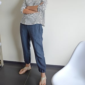 Linen pants - breeches with pockets - Midnight blue linen pants - Washed women linen trousers