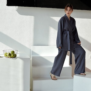 Linen kimono and pants set / Dovetail linen suit / Kimono jacket / Loose kimono and pants / Loungewear linen suit