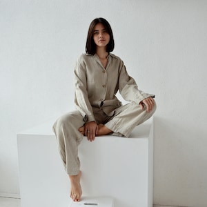 Handmade linen pajama - Woman's Pajama Shirt and Pants - High-quality softened Linen loungewear - Soft linen pajama set