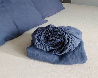 Vintage Indigo Hemp Fitted Sheet, Stonewashed Seamless Bedding
