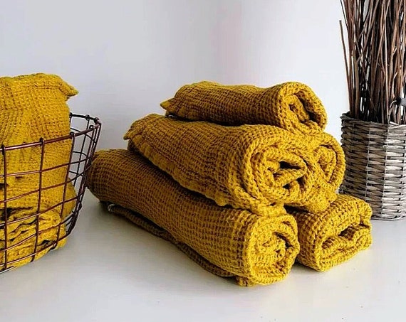 100% linen waffle Mustard Bath / hand / washcloth / waffle Linen towel - Soft linen towels - Heavy weight thick towel  - Washed linen towel