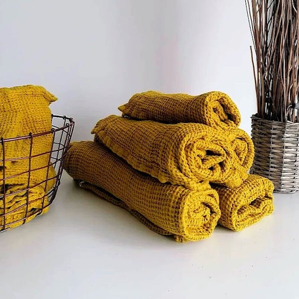100% linen waffle Mustard Bath / hand / washcloth / waffle Linen towel - Soft linen towels - Heavy weight thick towel  - Washed linen towel