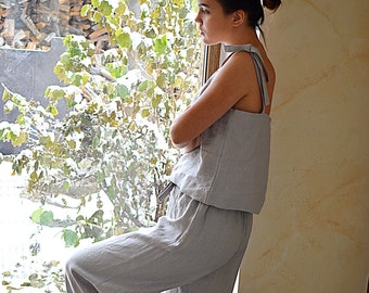 Linen loungewear - Woman's soft linen pajama - Light grey linen sleepwear - Soft linen pajama set - Linen Pajama Top and Pants