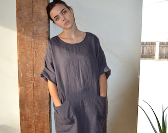 Linen tunic / Brownish eggplant linen tunic / Tunic with pockets / High-quality linen kimono / Comfortable casual tunic / Loose tunic