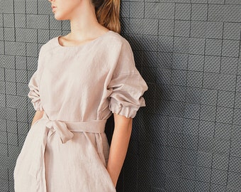 Pure linen dress / Wood rose linen dress / Dress with a belt /  Comfortable casual tunic / dress / Loose dress with pockets