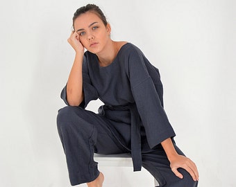 Linen tunic and pants set / Midnight blue Linen tunic / Comfortable linen tunic and pants / Casual tunic / Casual pants