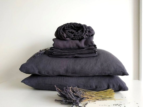 LINEN sheet set, Grayish eggplant linen set of 4 pcs, 2 linen pillowcases & 2 sheets, linen bedding set