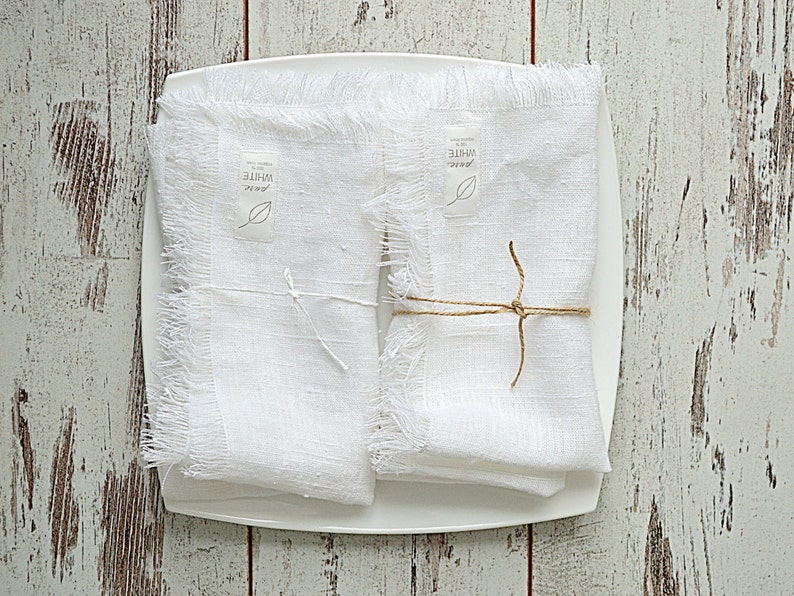 Linen fringed napkins, Thick linen napkin set, large linen napkins, White linen napkins, Rustic table linens, Christmas napkins, Napkins image 4