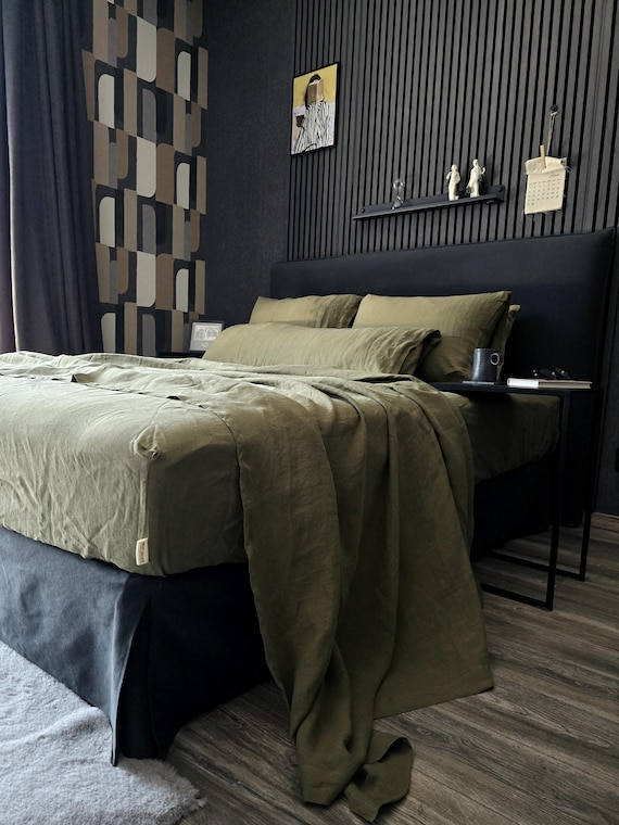 LINEN FLAT SHEET, Olive top sheet, Soft linen bedding, Linen top flat sheet Queen King size