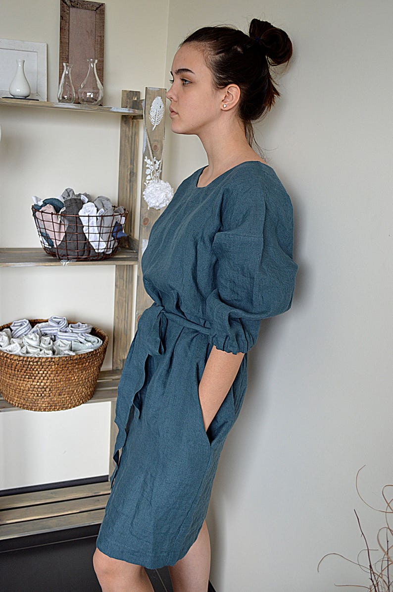 Linen dress Ocean wave linen dress Dress with a belt Comfortable casual tunic / dress Loose dress with pockets image 2