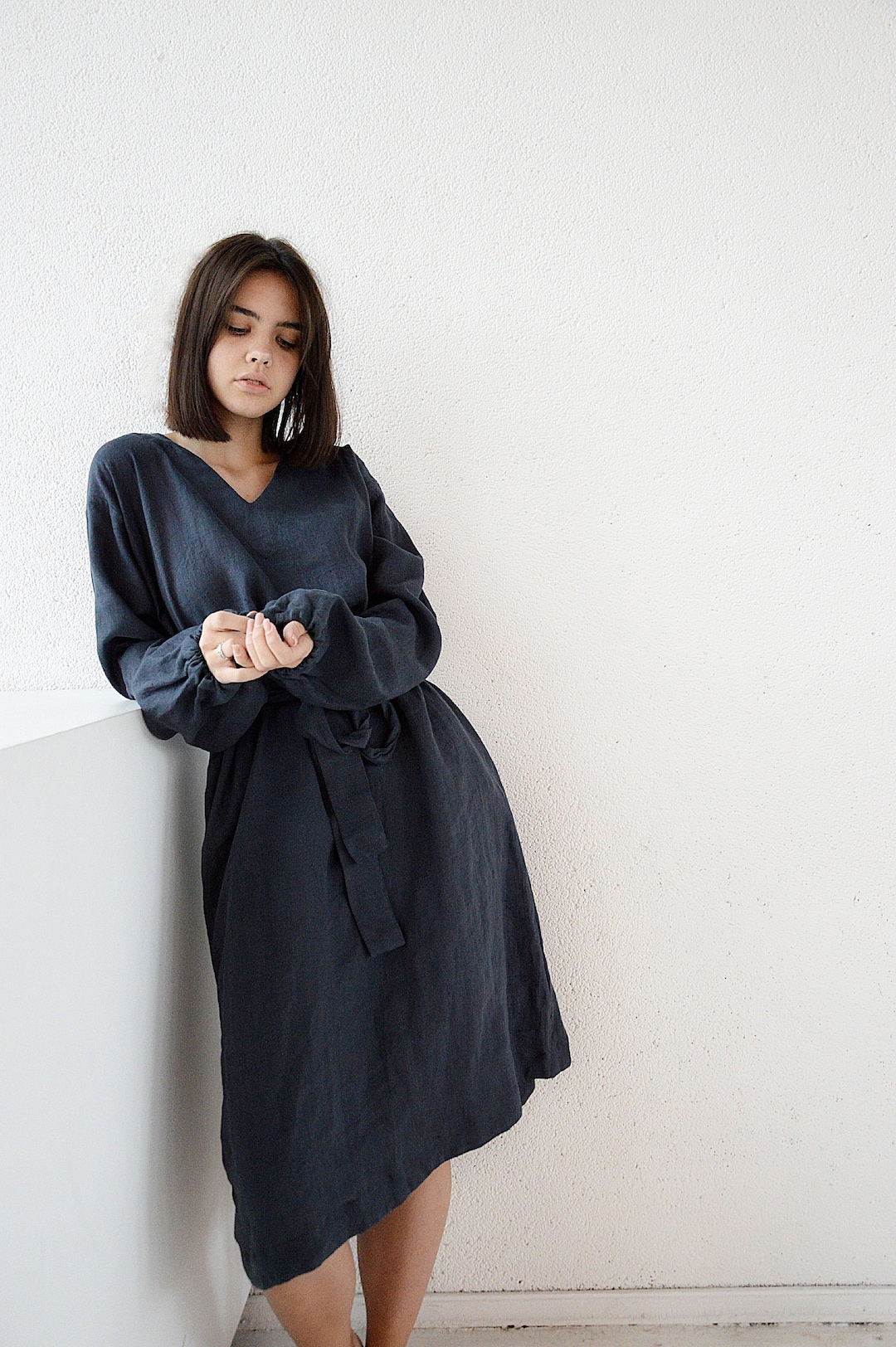 Midi Linen Dress / Long Sleeve Dress / V-neck Dress / Midnight Blue ...