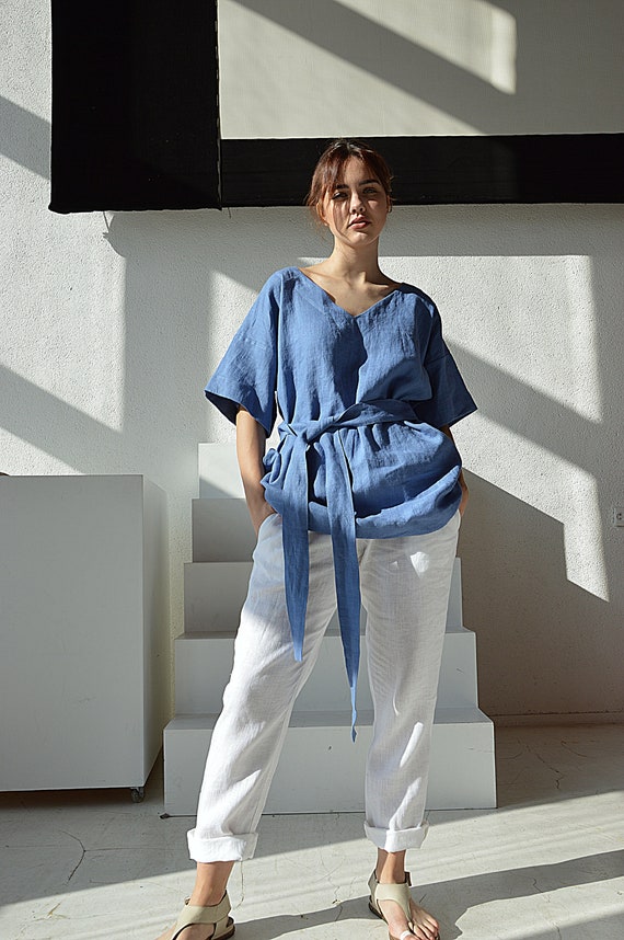 Woman's linen top / French blue / V-neck top /  Woman's linen kimono / Comfortable casual tunic / Loose blouse