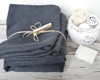 Thick Linen towel / Durable towels / Charcoal blue linen towels / Hand face towels / Washed rough linen / 100% linen  towels