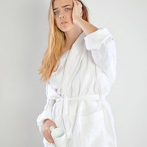 Morning linen robe Woman's linen bathrobe Sizes XS-2XL High-quality softened linen Short robe with hood image 3