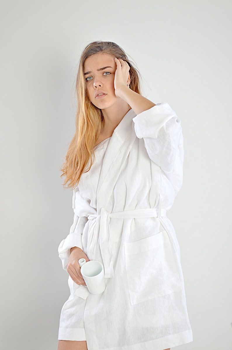 Morning linen robe Woman's linen bathrobe Sizes XS-2XL High-quality softened linen Short robe with hood image 3