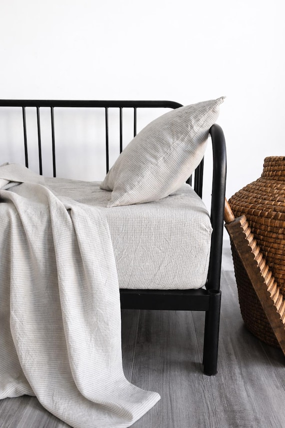 Striped / Сheckered Linen Fitted Sheet, Custom Size Bedding, Washed Flax, Breathable Cooling Sheet