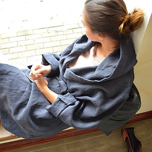 Morning linen robe - Woman's  linen bathrobe - Sizes XS-2XL - High-quality softened linen - Short robe with hood