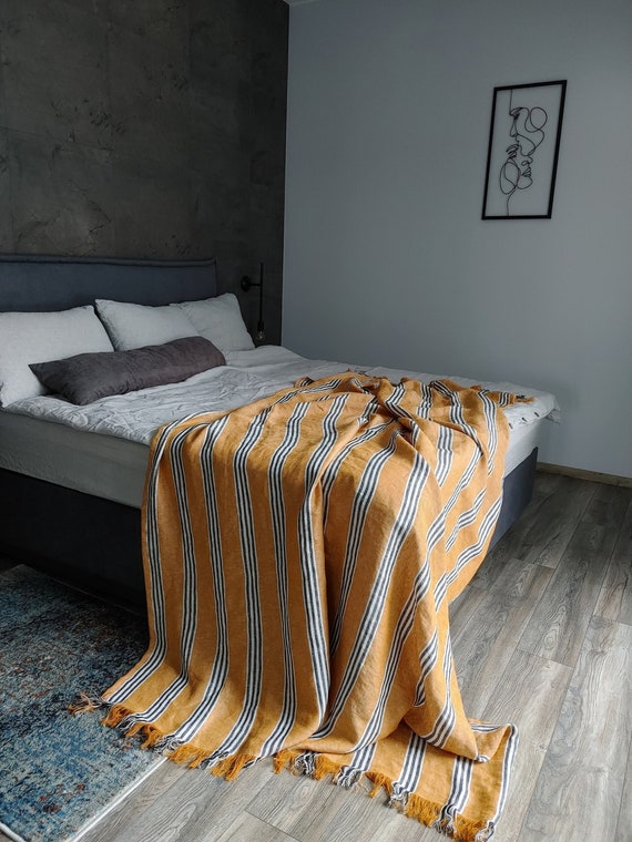 Striped linen throw blanket, 280 GSM mustard linen throw, Softened thick linen coverlet, Summer blanket