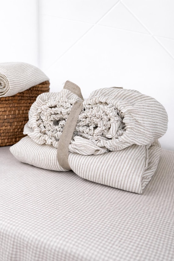 Striped / Сheckered Linen Fitted Sheet, Custom Size Bedding, Washed Flax, Breathable Cooling Sheet