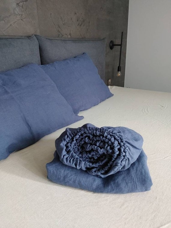 100% HEMP fitted sheet Vintage indigo,  Stonewashed seamless hemp sheets, Queen King fitted sheet