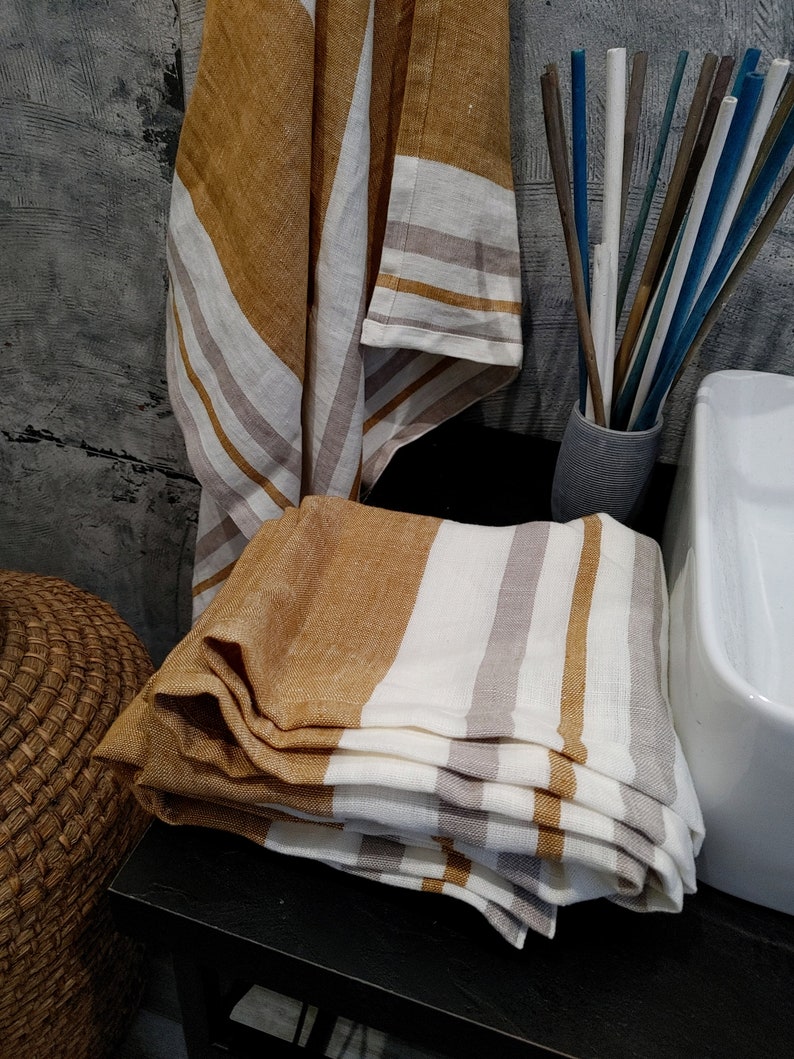 Linen bath sheet, Stonewashed linen bath towels, Thick striped linen towel image 3