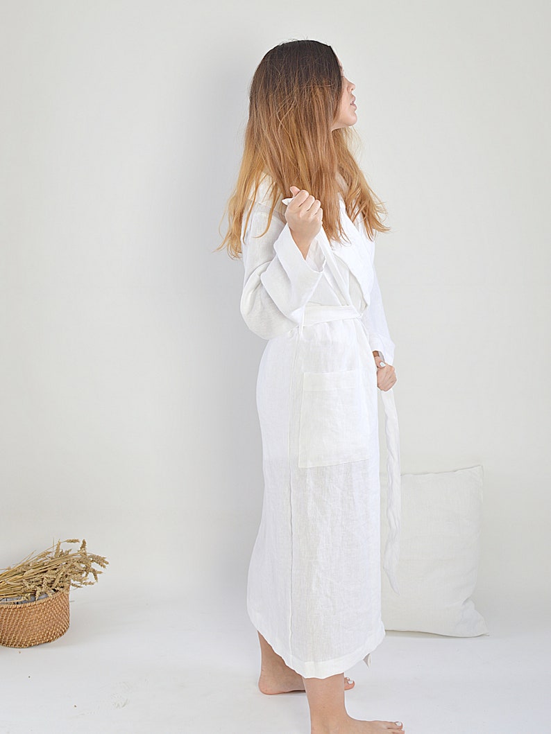 Linen bathrobe / Long robe with hood / Long linen gown / White Etsy