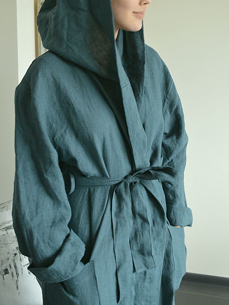 Linen bathrobe / Long robe with hood / Long linen gown / White Etsy