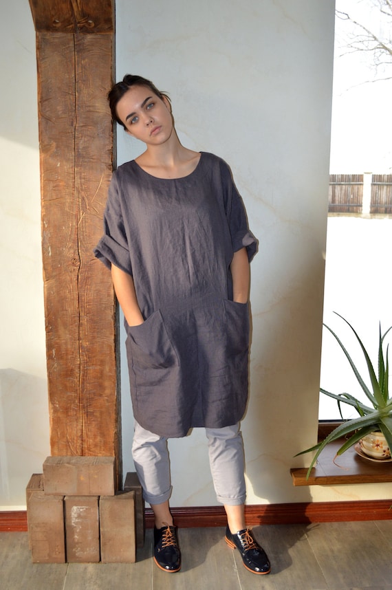 Linen tunic / Brownish eggplant linen tunic / Tunic with pockets / High-quality linen kimono / Comfortable casual tunic / Loose tunic