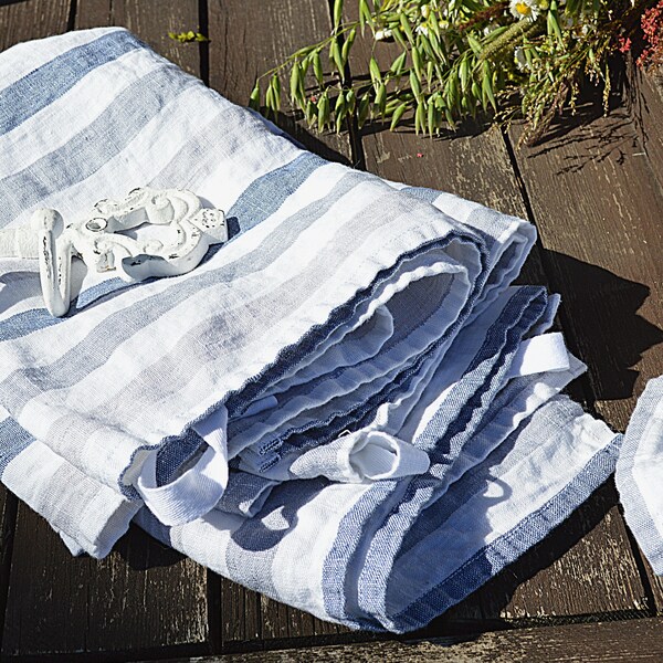 Striped bath linen towel / Thick linen towels / Pure white with blue stripes towel / Durable linen towels / Heavy weight towels