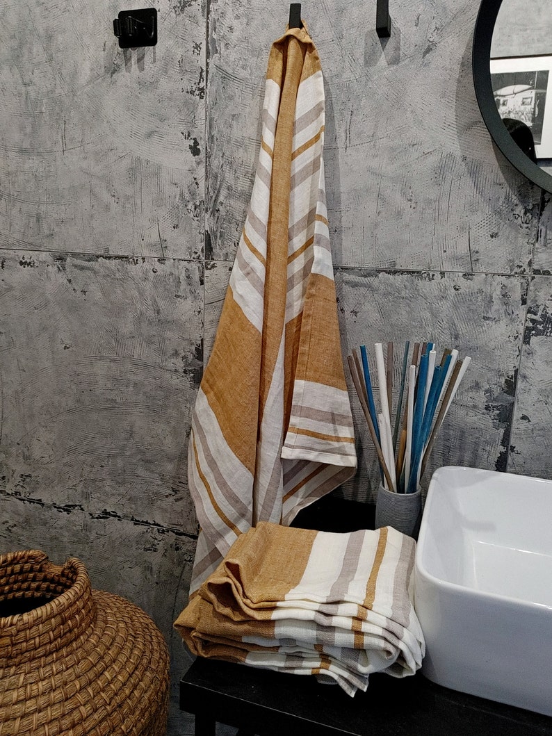 Linen bath sheet, Stonewashed linen bath towels, Thick striped linen towel image 5