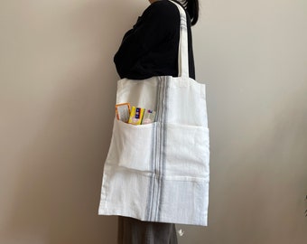 Linen shopping bag - Heavy tote bag - Striped tote bag - Large linen bag - Shopping bag with pocket - oversized tote bag