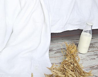 White Linen Throw Blanket, Softened Linen Bed Coverlet