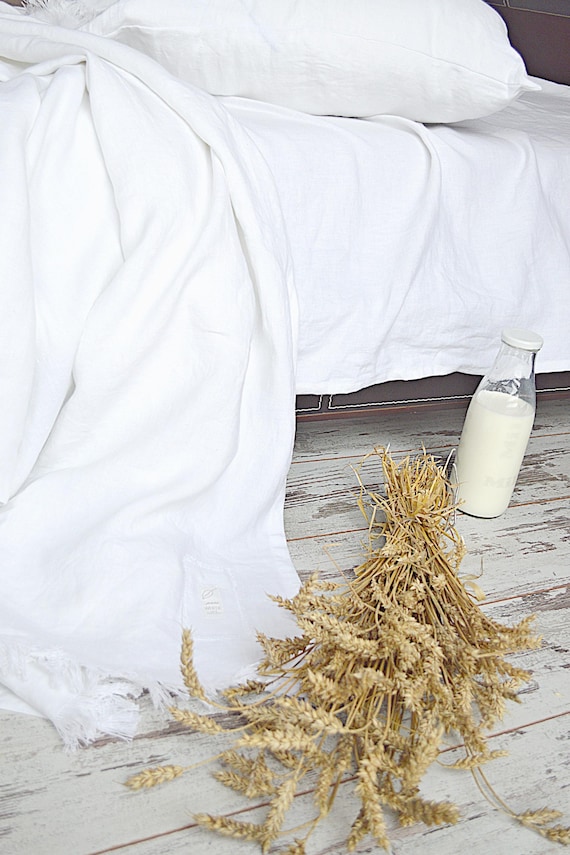 White Linen Throw Blanket, Softened Linen Bed Coverlet