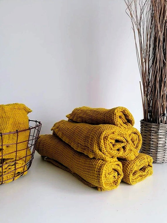 100% linen waffle Mustard Bath / hand / washcloth / waffle Linen towel - Soft linen towels - Heavy weight thick towel  - Washed linen towel