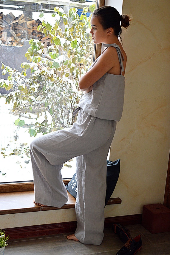 Linen loungewear - Woman's soft linen pajama - Light grey linen sleepwear - Soft linen pajama set - Linen Pajama Top and Pants
